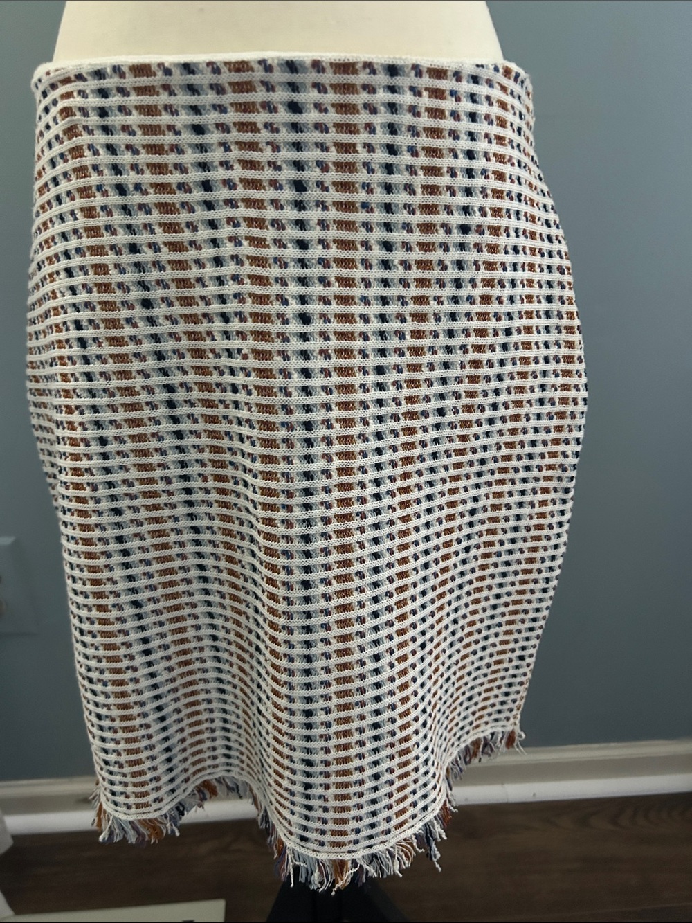 Tory Burch Hollis Skirt Striped Fringe Midi White & Blue Medium NWT